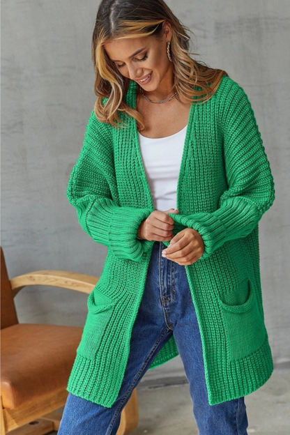 Solid Color Pocket Mid-Length Knitted Cardigan