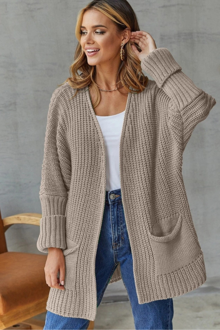 Solid Color Pocket Mid-Length Knitted Cardigan