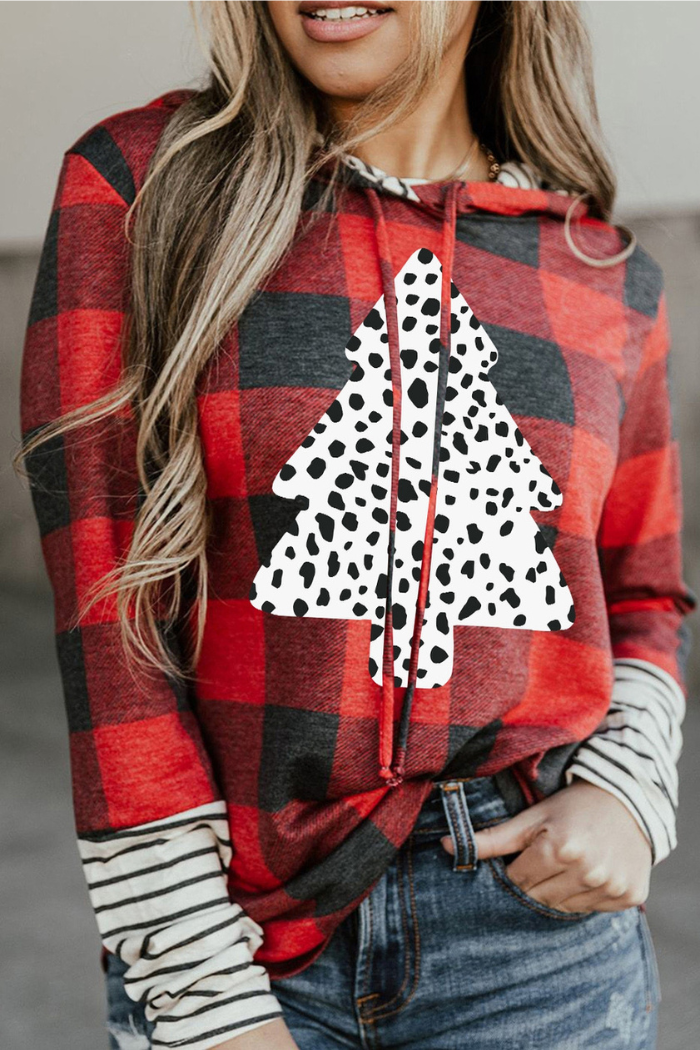 Patch Sleeve Leopard Christmas Tree Graphic Hoodie