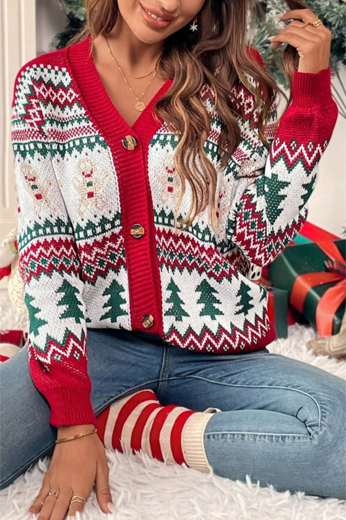 Christmas Print Knit Button-Down Loose Cardigan