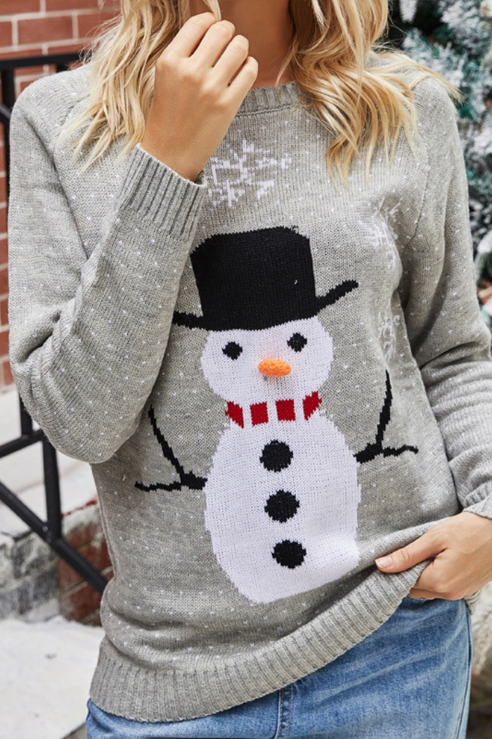 Snowman Christmas Snowflake Crewneck Pullover Knit Sweater