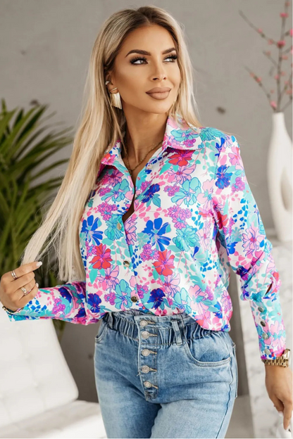 Sky Blue Flower Print Button-up Slim-fit Long Sleeve Shirt