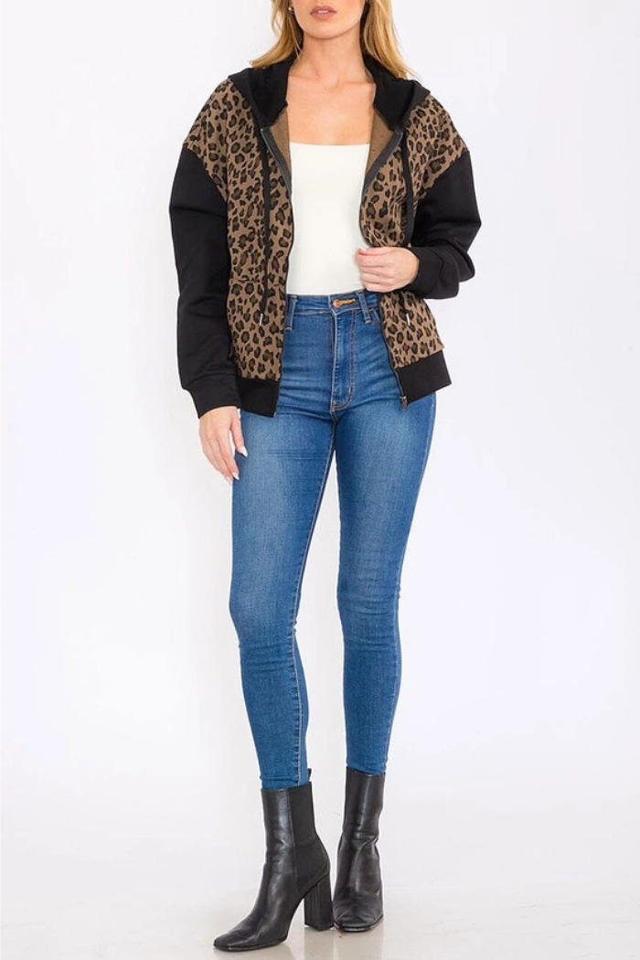 Zip Up Front Pockets Animal Print Hooded Jacket