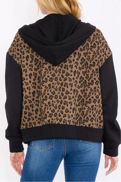 Zip Up Front Pockets Animal Print Hooded Jacket