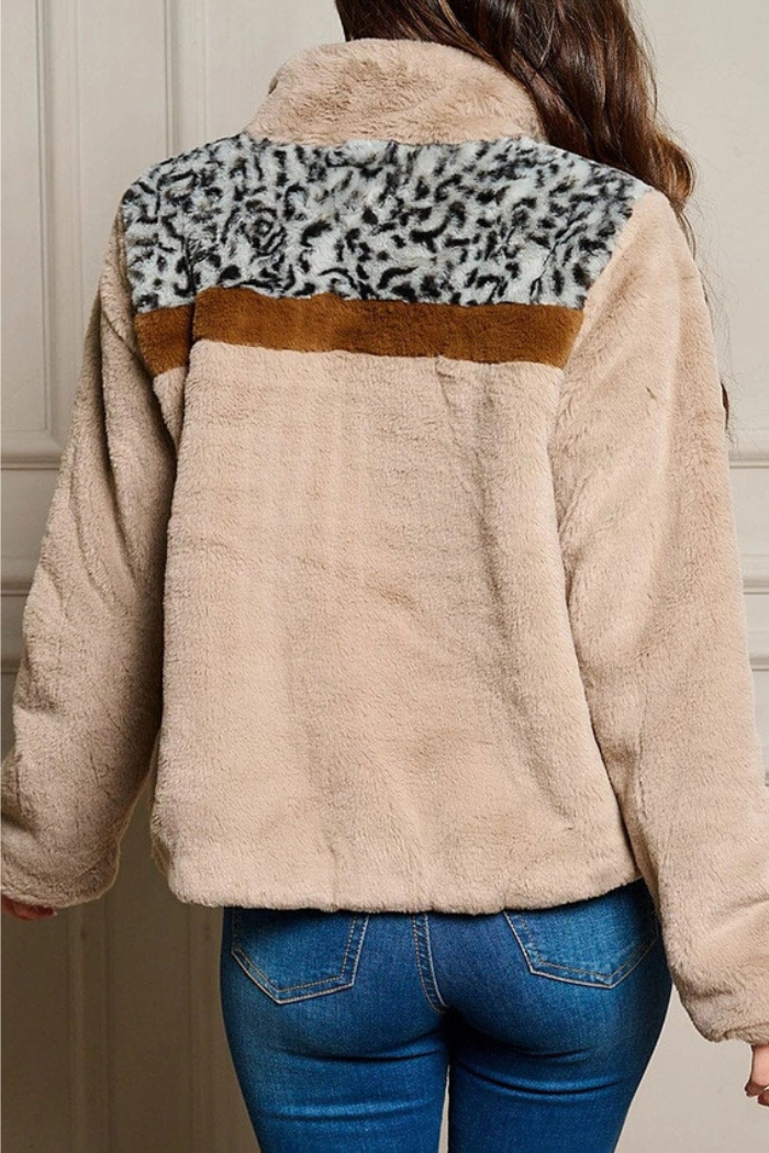 Pockets Zip Up Sherpa Animal Print Jacket