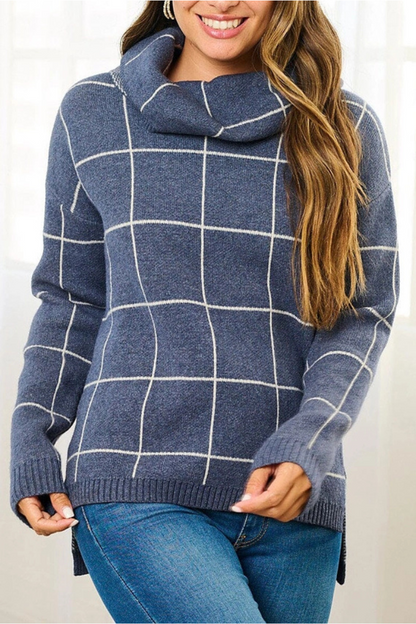 Turtle Neck Checkers Print Pullover Sweater