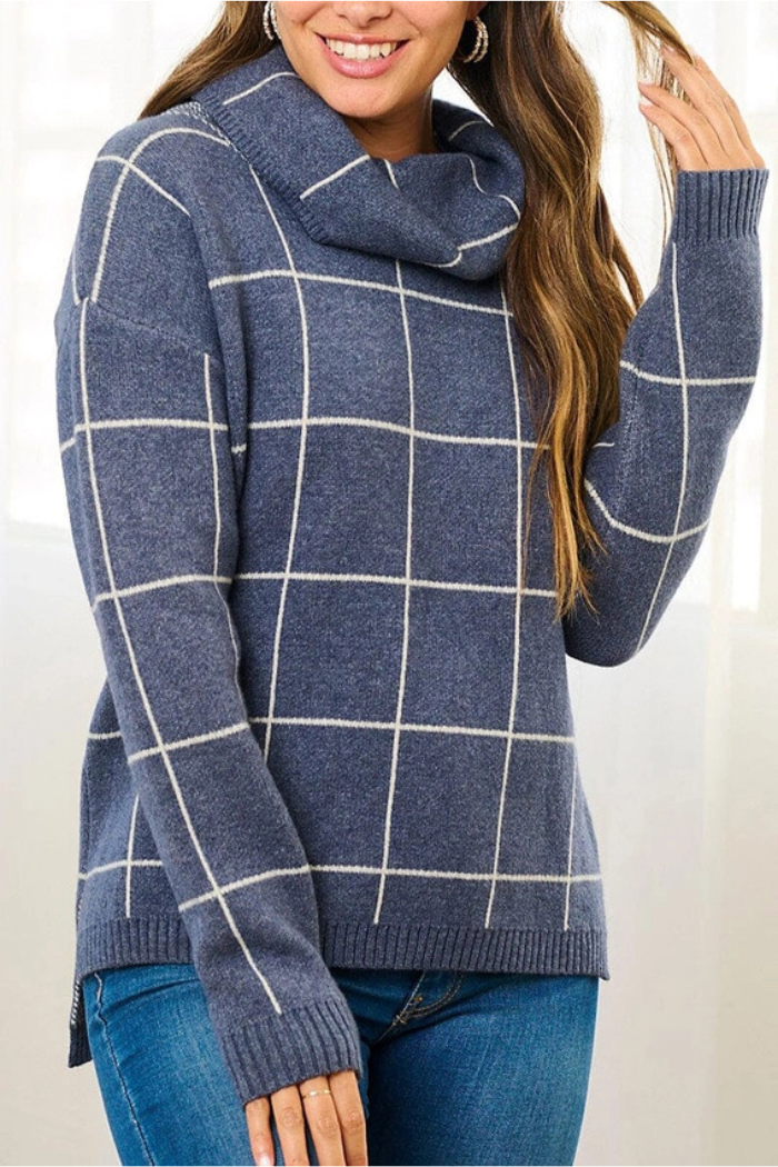 Turtle Neck Checkers Print Pullover Sweater