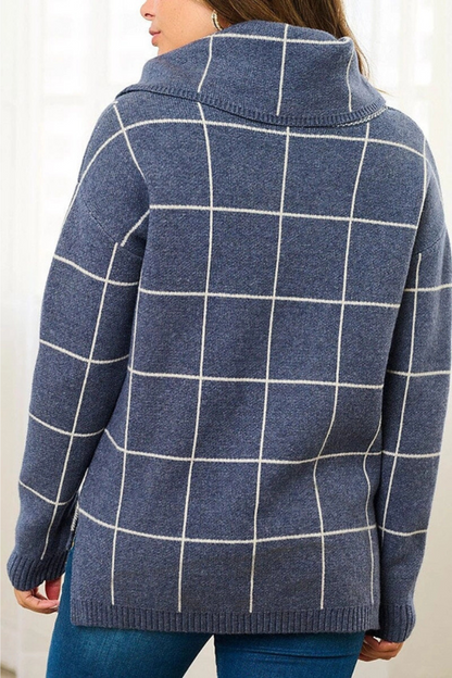 Turtle Neck Checkers Print Pullover Sweater