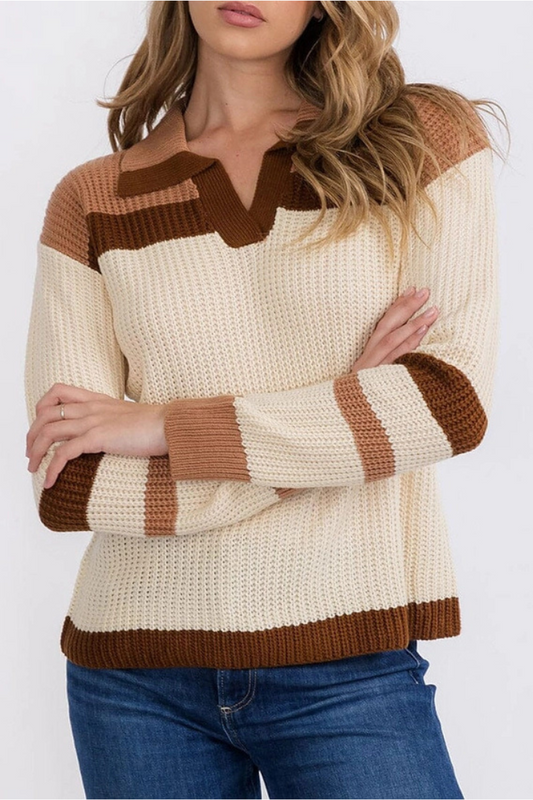 V-Neck Knit Colorblock Pullover Sweater