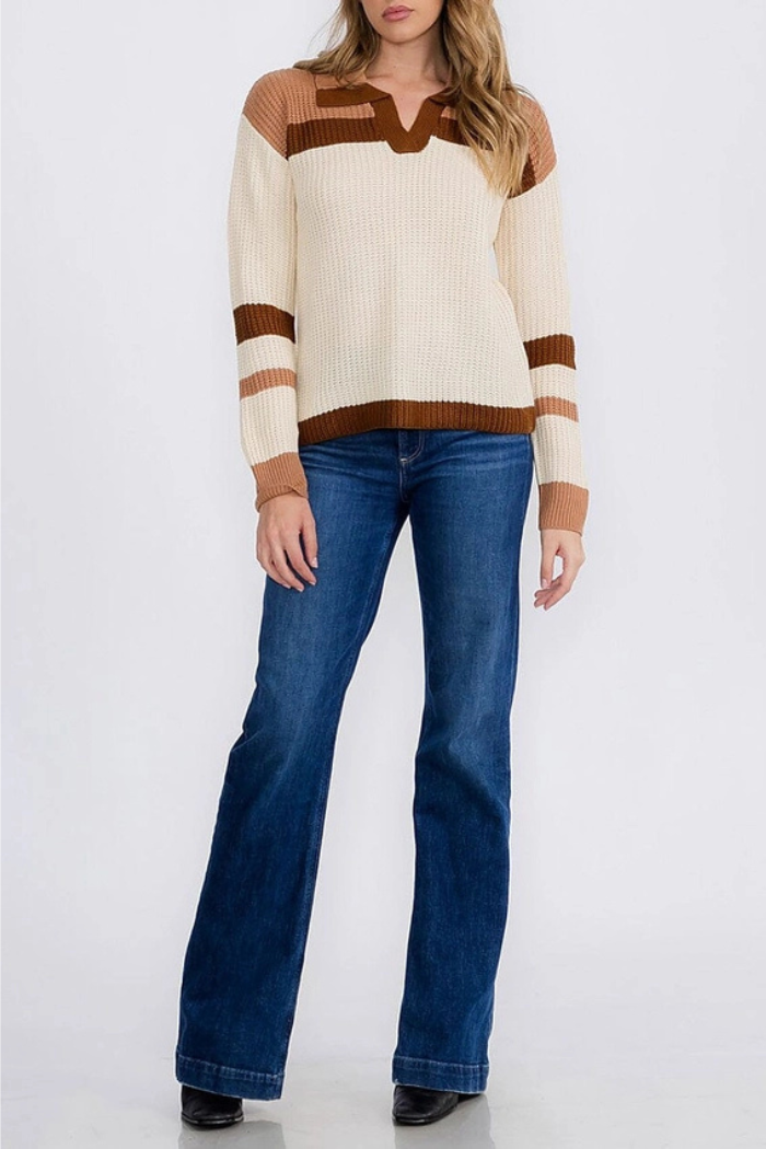 V-Neck Knit Colorblock Pullover Sweater