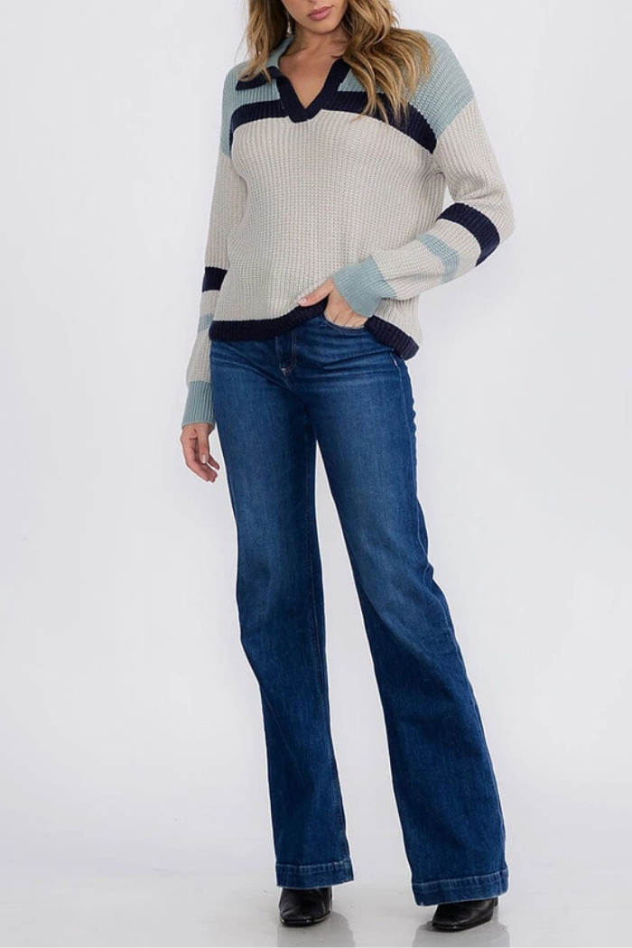 V-Neck Knit Colorblock Pullover Sweater