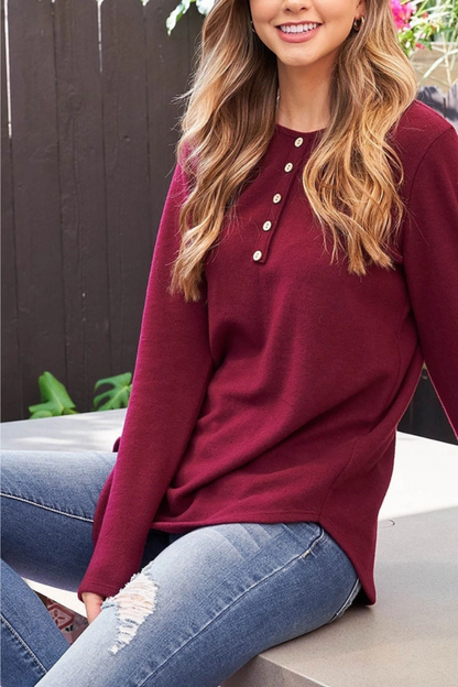 Button Detail Long Sleeve Round Hem Solid Top