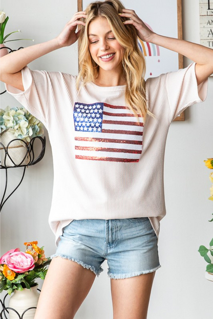 Urban Ribbed Top with Sequins Flag Patch