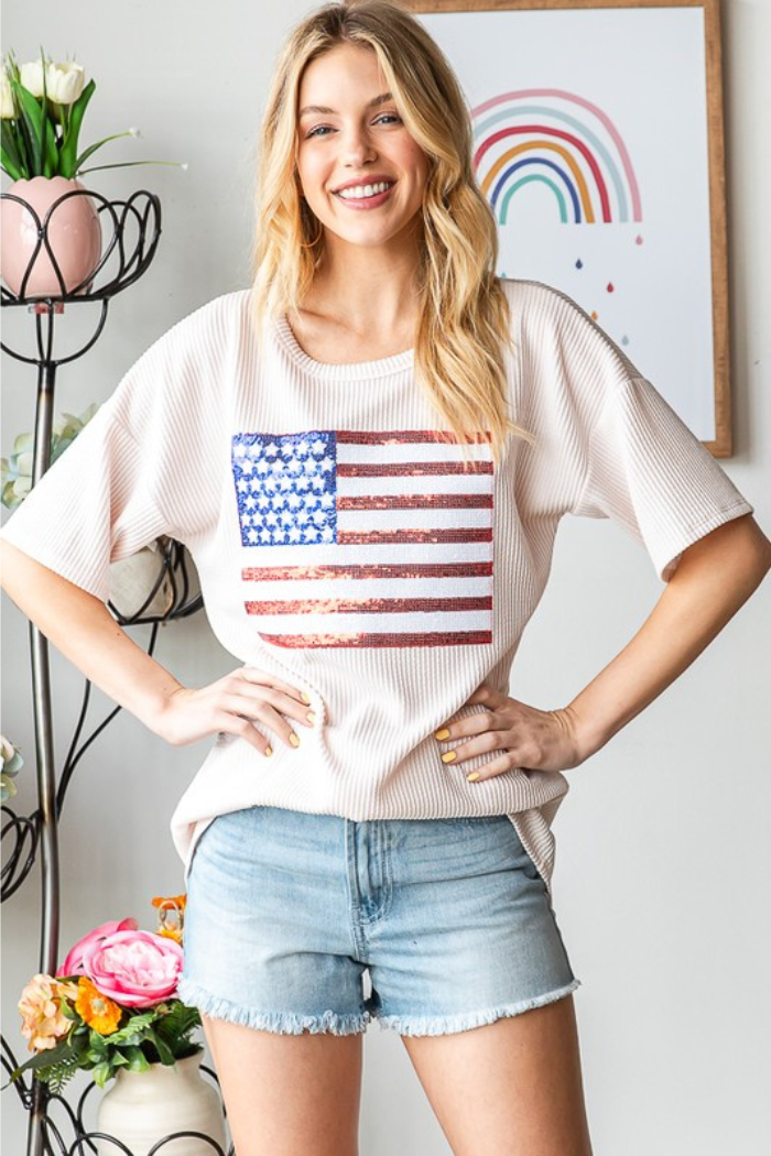 Urban Ribbed Top with Sequins Flag Patch