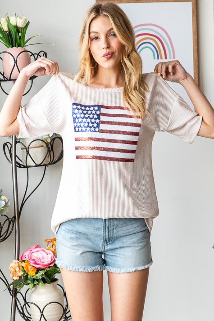 Urban Ribbed Top with Sequins Flag Patch