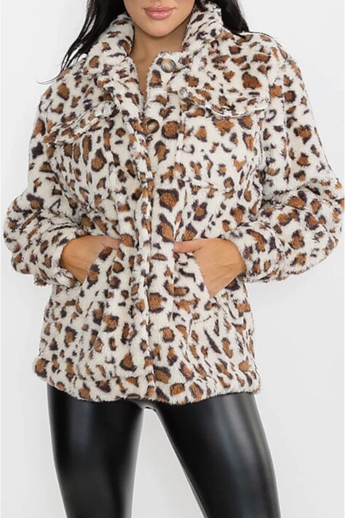 Animal Print Pocket Front Sherpa Jackets