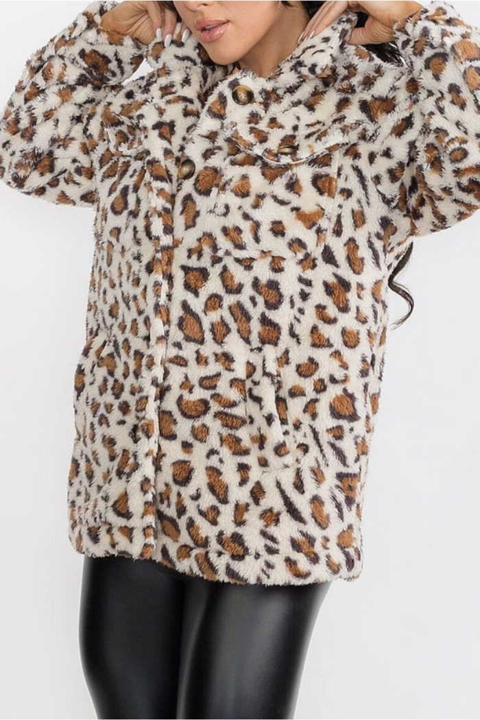 Animal Print Pocket Front Sherpa Jackets