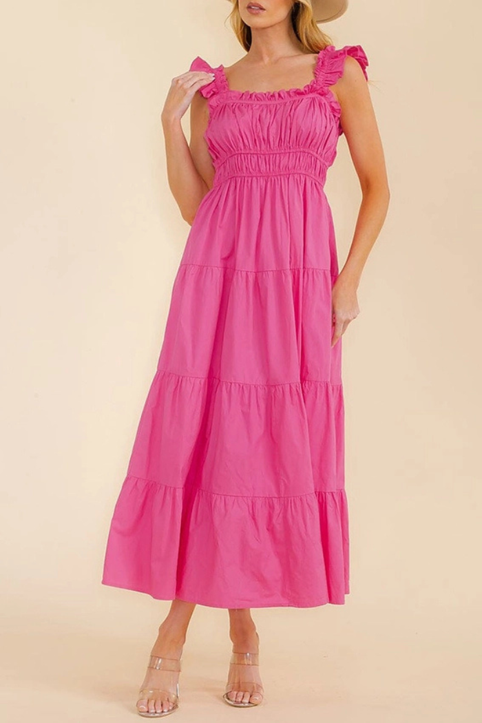 Solid Ruffle Sleeve Tiered Layered Maxi Dress