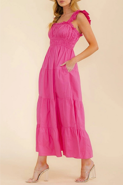 Solid Ruffle Sleeve Tiered Layered Maxi Dress