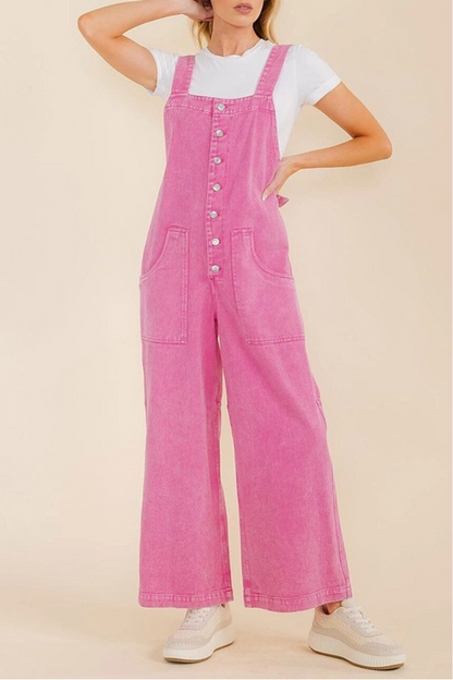 Washed Denim Button Up Wide Leg Overall Jumpsuit