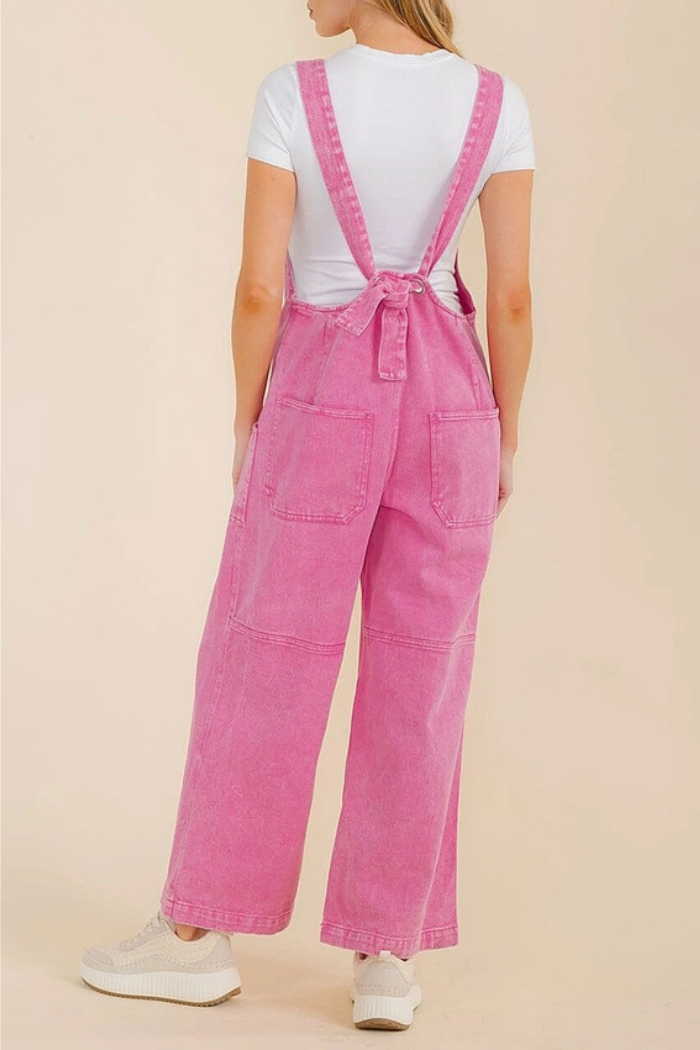 Washed Denim Button Up Wide Leg Overall Jumpsuit