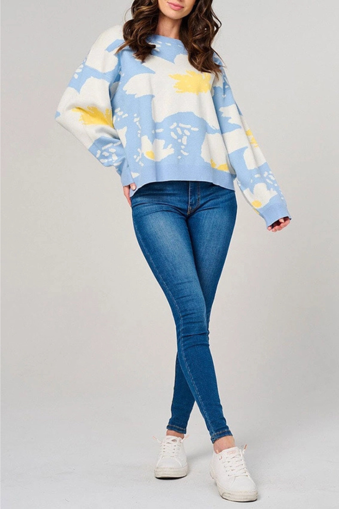 Floral Patter Knit Long Sleeve Pullover Sweater