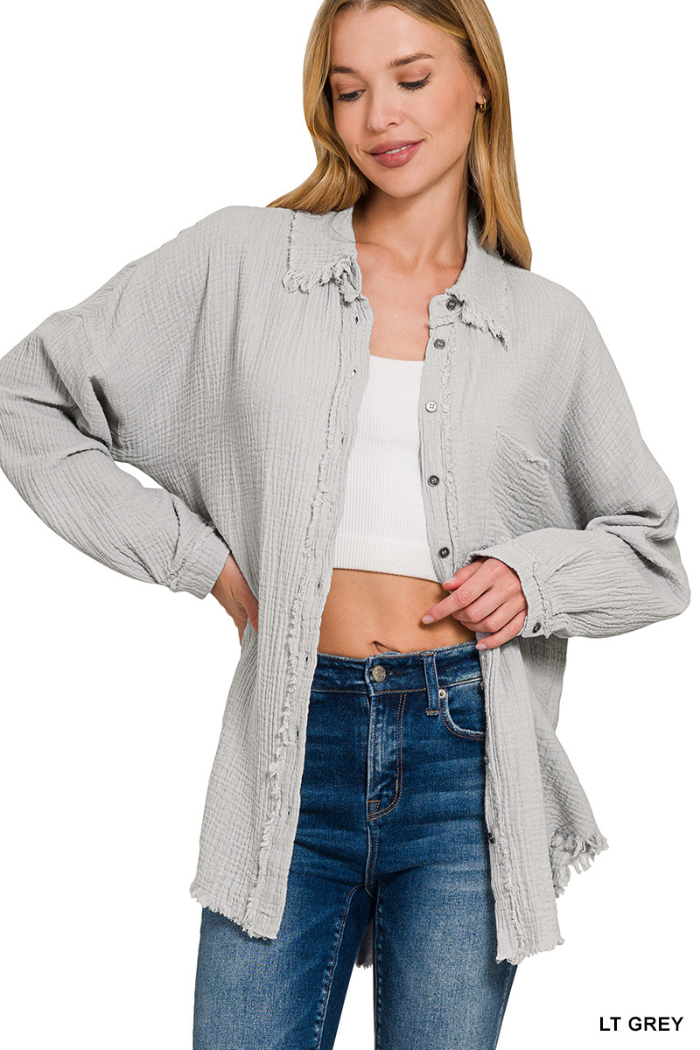 Double Gauze Oversized Raw Edge Shirt