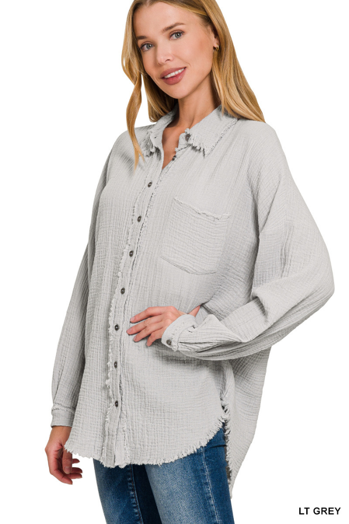 Double Gauze Oversized Raw Edge Shirt