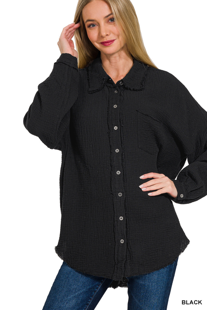 Double Gauze Oversized Raw Edge Shirt