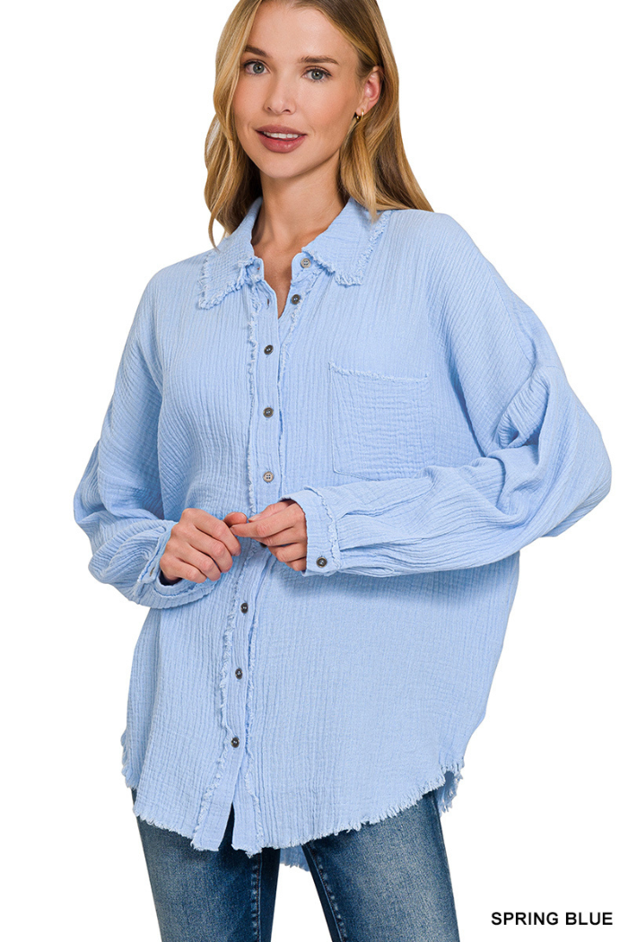 Double Gauze Oversized Raw Edge Shirt