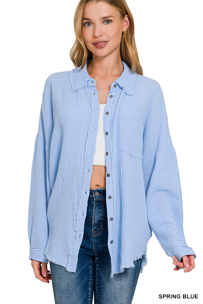 Double Gauze Oversized Raw Edge Shirt