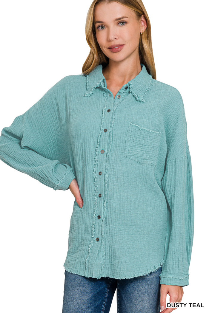 Double Gauze Oversized Raw Edge Shirt