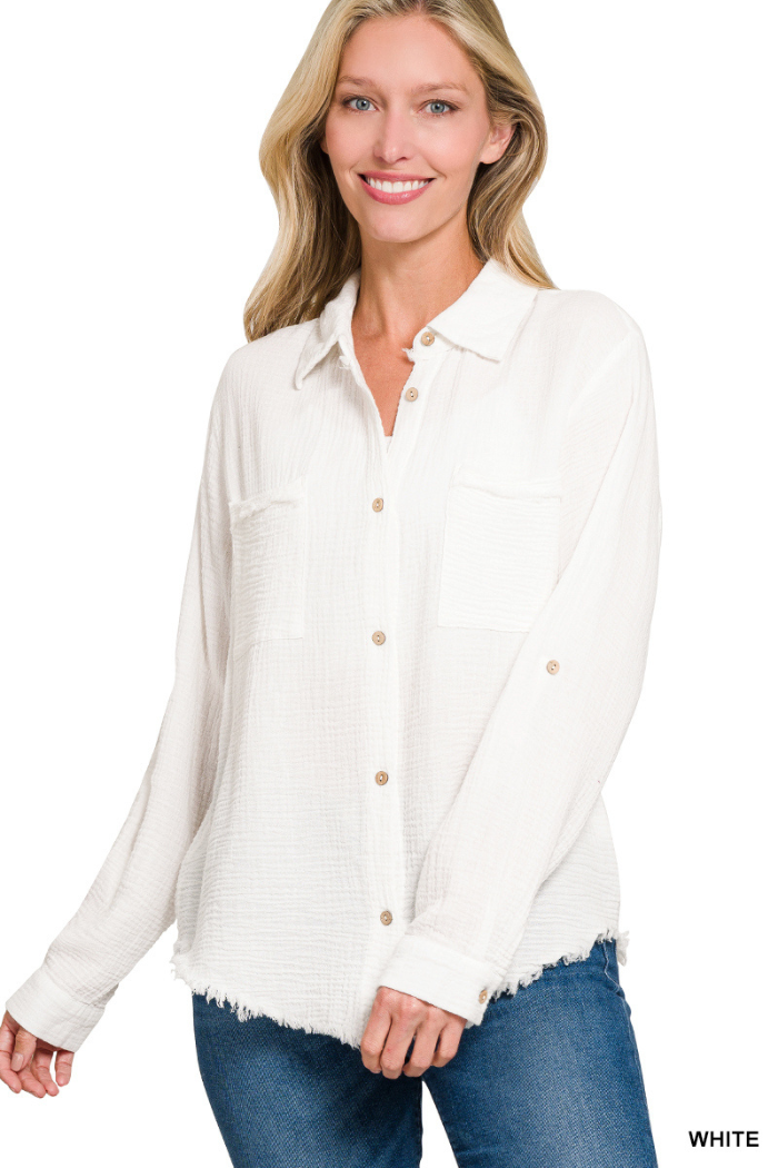 Double Gauze Button Down Roll-Up Long Sleeve Shirt