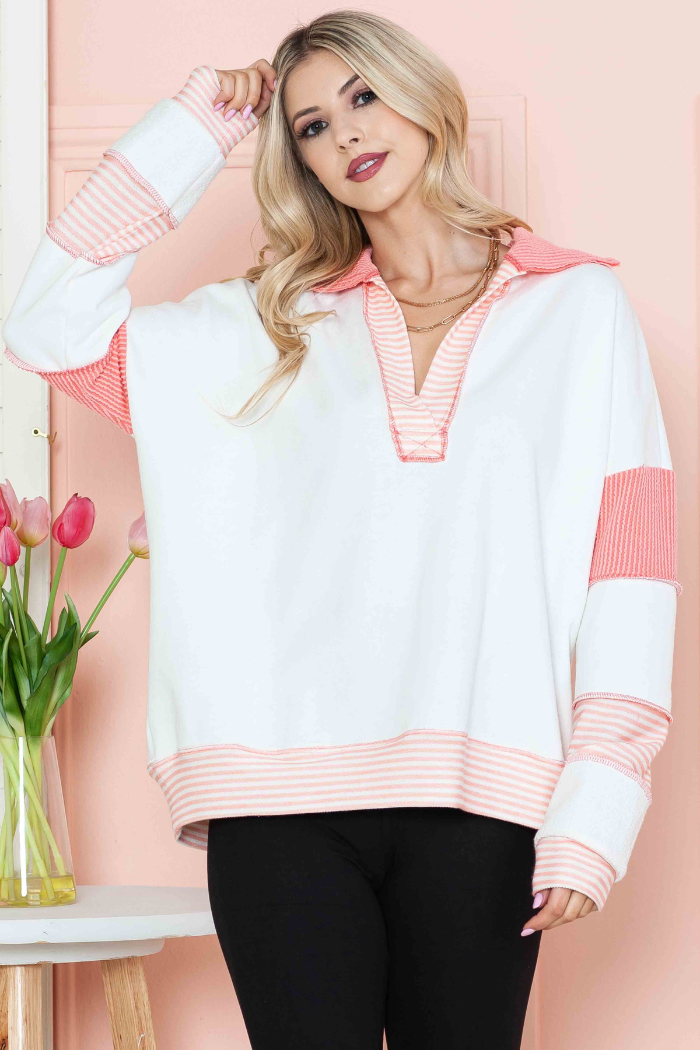 Solid Loose Fit Top with Stripe Contrast
