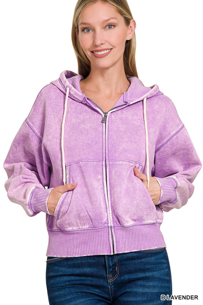 Acid wash fleece cropped zip-up hoodie w pockets