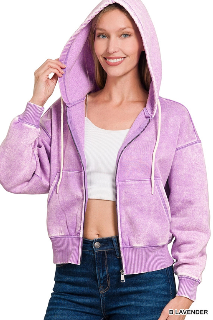 Acid wash fleece cropped zip-up hoodie w pockets