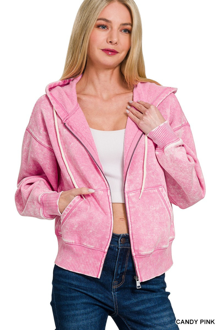 Acid wash fleece cropped zip-up hoodie w pockets