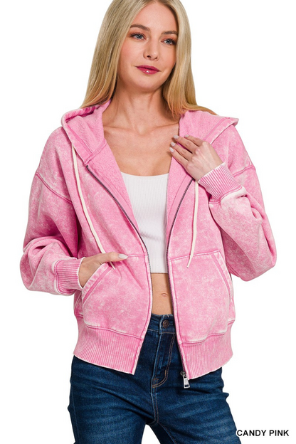 Acid wash fleece cropped zip-up hoodie w pockets