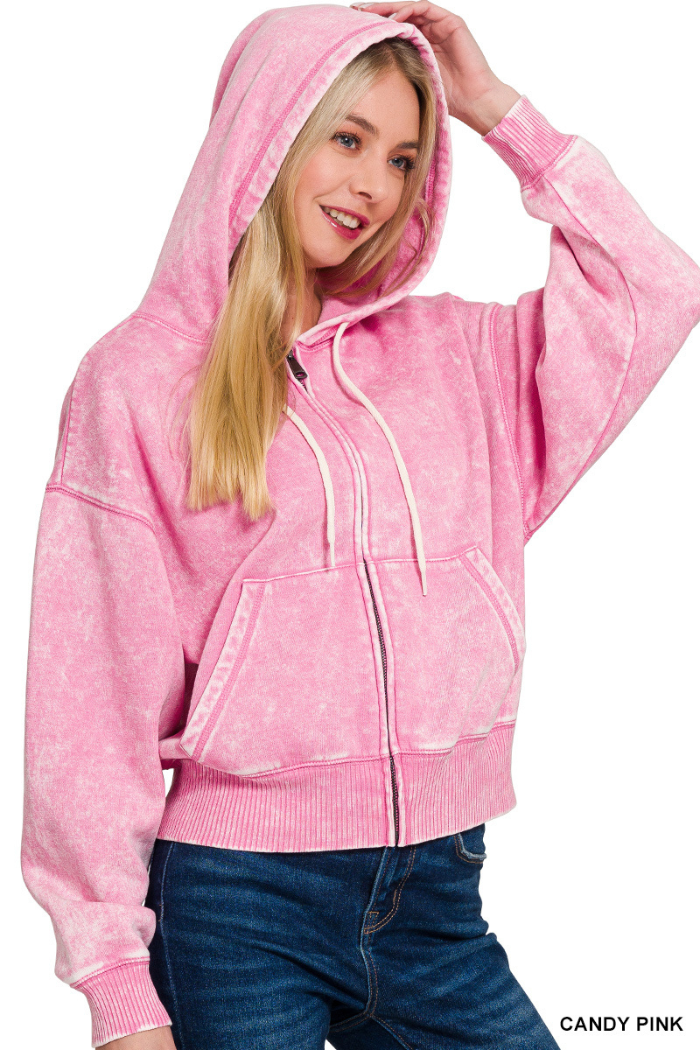 Acid wash fleece cropped zip-up hoodie w pockets