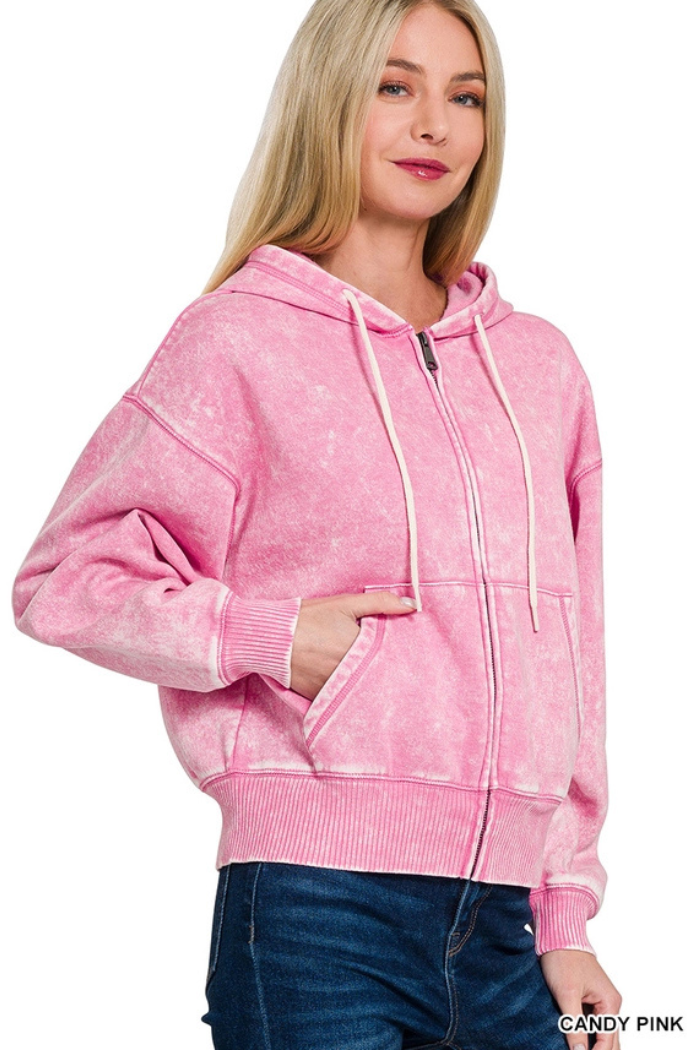 Acid wash fleece cropped zip-up hoodie w pockets