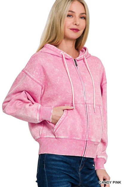 Acid wash fleece cropped zip-up hoodie w pockets