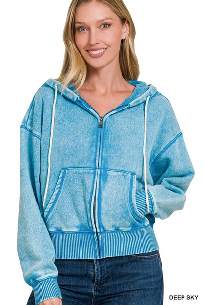 Acid wash fleece cropped zip-up hoodie w pockets