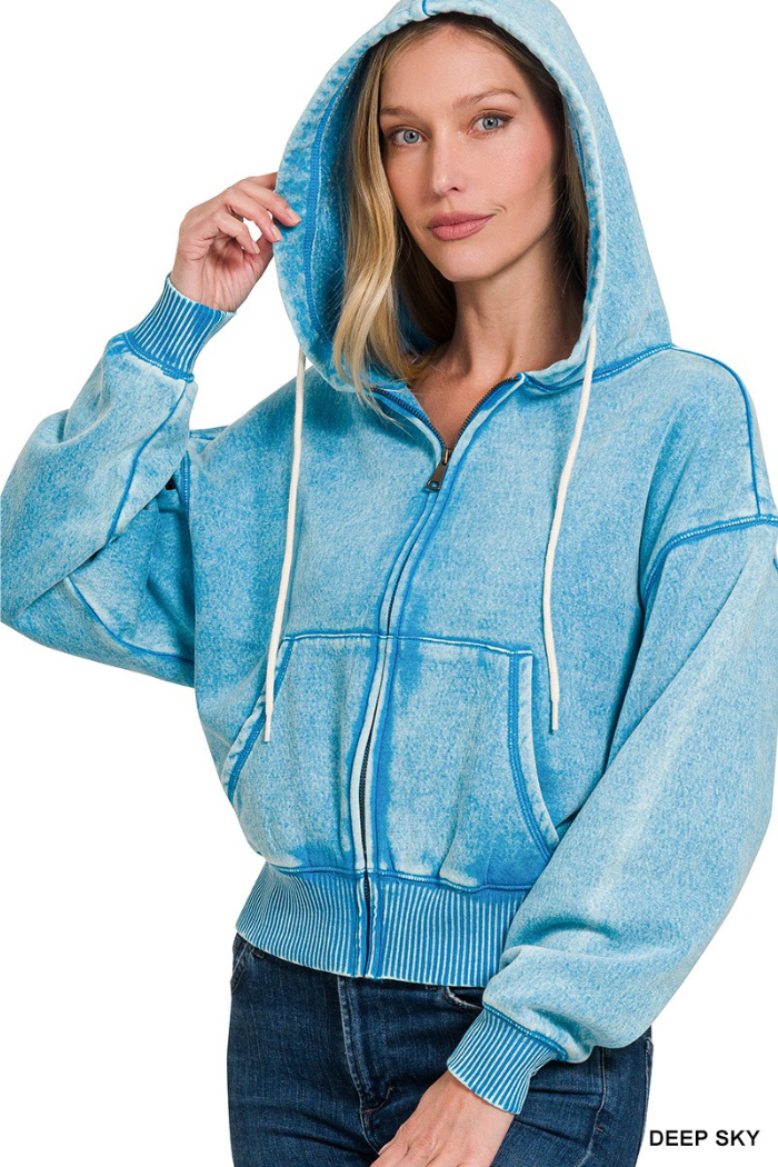 Acid wash fleece cropped zip-up hoodie w pockets
