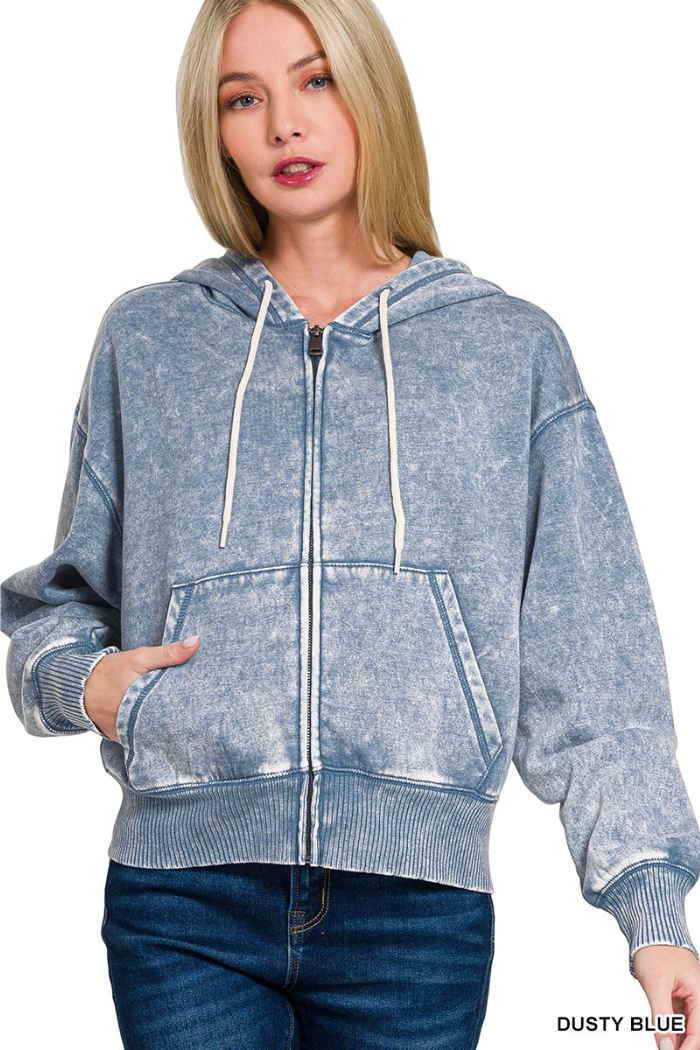 Acid wash fleece cropped zip-up hoodie w pockets