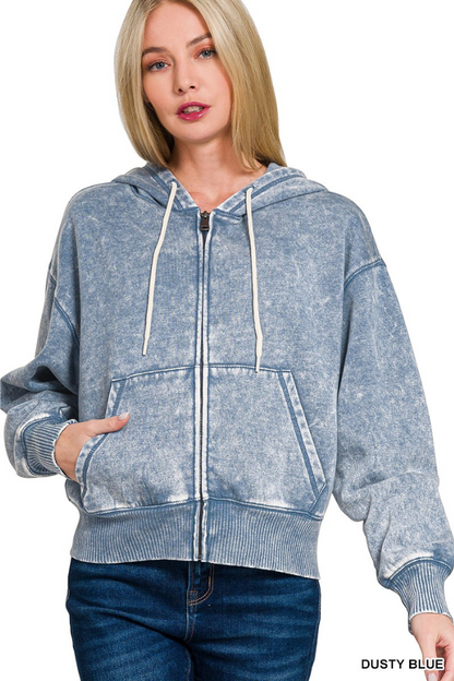 Acid wash fleece cropped zip-up hoodie w pockets