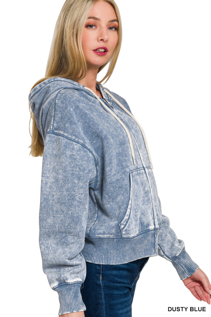 Acid wash fleece cropped zip-up hoodie w pockets