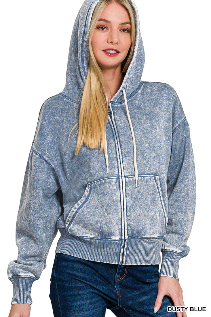 Acid wash fleece cropped zip-up hoodie w pockets