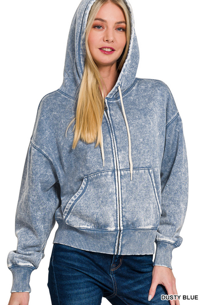 Acid wash fleece cropped zip-up hoodie w pockets