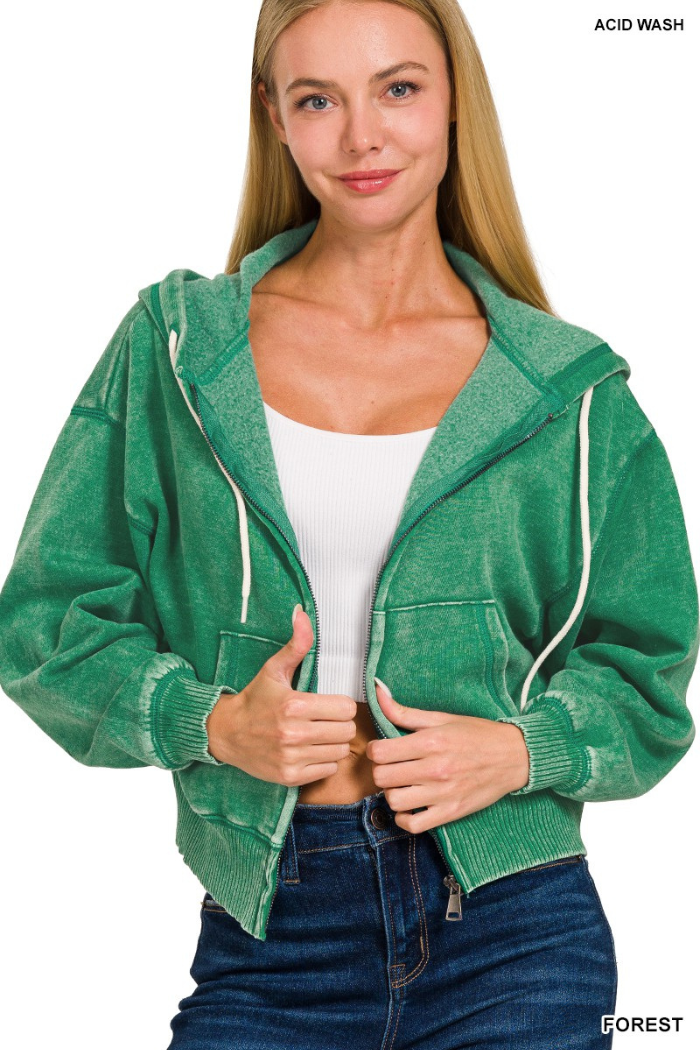 Acid wash fleece cropped zip-up hoodie w pockets