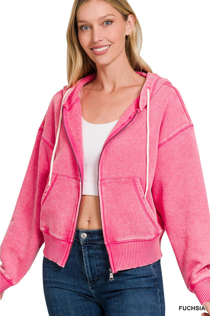 Acid wash fleece cropped zip-up hoodie w pockets